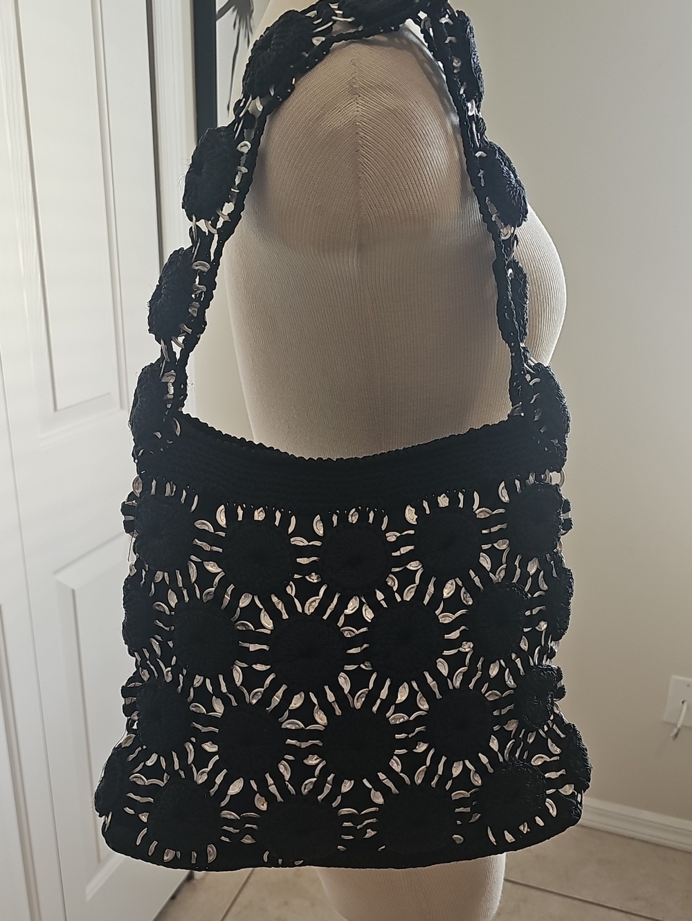 Handmade Black Crochet Shoulder Bag upcycled Artistry Aluminum Soda Can Tabs.